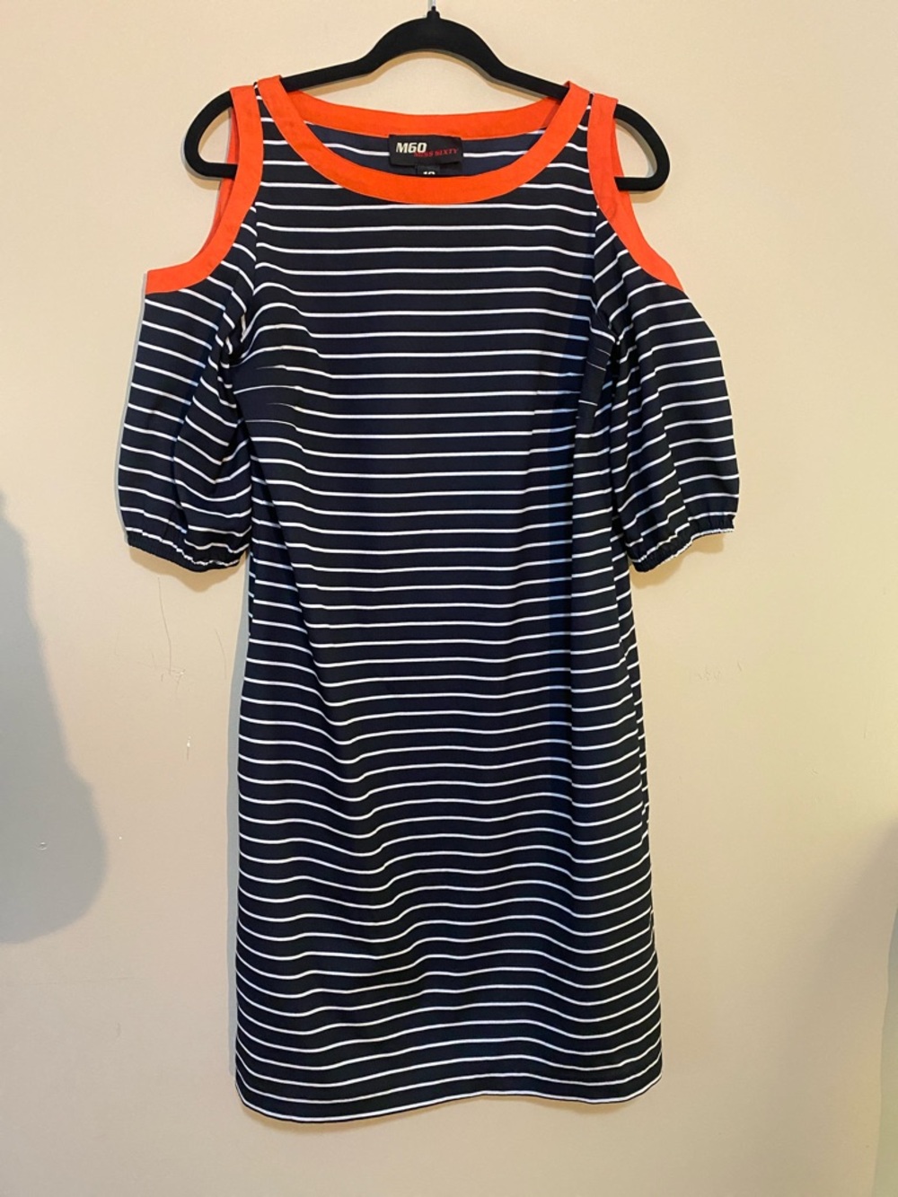 Miss Sixty Navy and White Striped off Shoulder Mini Dress with Orange Trim Sz 10